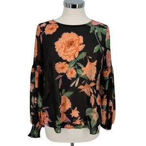Vici Floral Puff Sleeve Blouse Black Orange Size Small